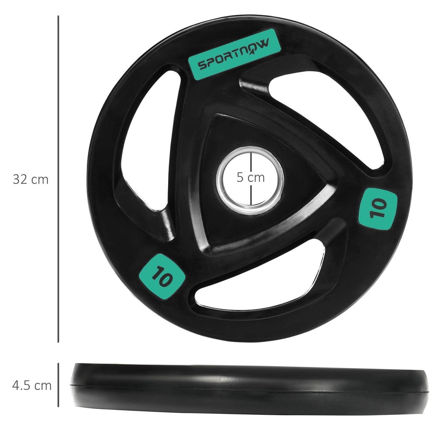 SPORTNOW Two 10kg Olympic Weight Plates, Tri-Grip Rubber-Coated Barbell Weights, with 5cm Holes, for Home, Gym, Office