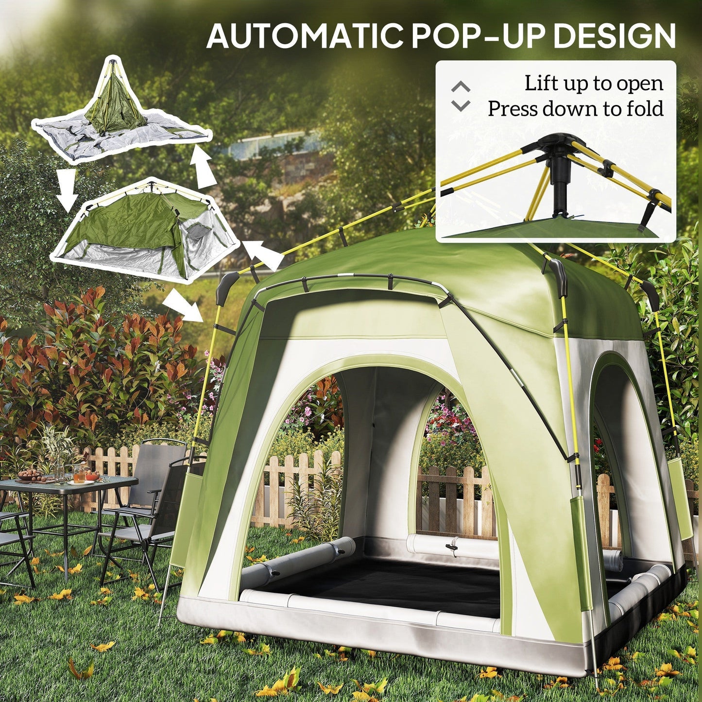 Outsunny Instant Pop Up Camping Tent, 4 Man Dome Tent with 4 Doors, Sewn-in Groundsheet, Carry Bag and Top Hook for Fishing Hiking Festival, Green
