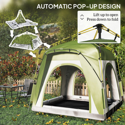 Outsunny Instant Pop Up Camping Tent, 4 Man Dome Tent with 4 Doors, Sewn-in Groundsheet, Carry Bag and Top Hook for Fishing Hiking Festival, Green