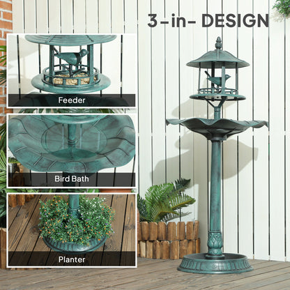 Outsunny 3-in-1 Garden Bird Bath, Freestanding Birdbath with Large Water Basin, Underneath Flower Planter, _50 x 113 cm, Green