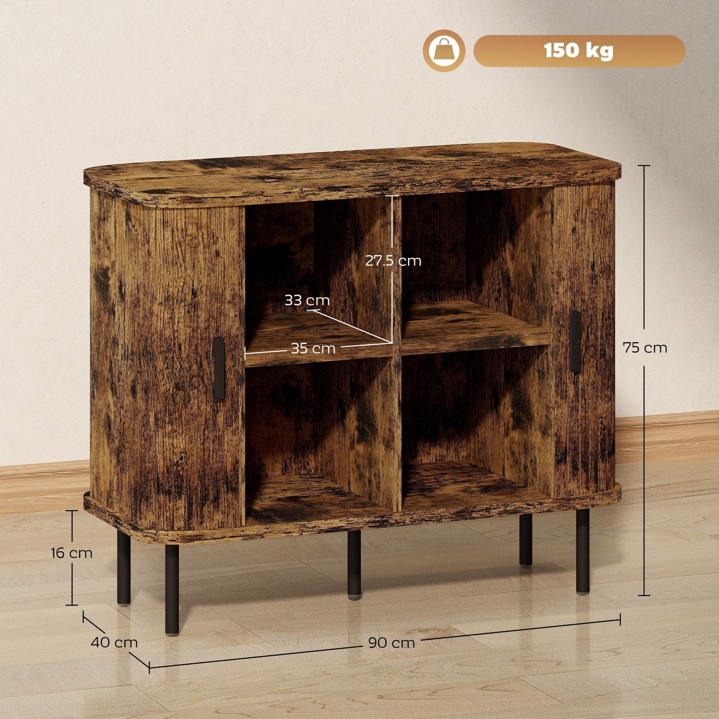 HOMCOM Mid-Century Modern Sideboard Storage Cabinet with Slatted Tambour Sliding Doors, Kitchen Cabinet with Steel Legs, Rustic Brown