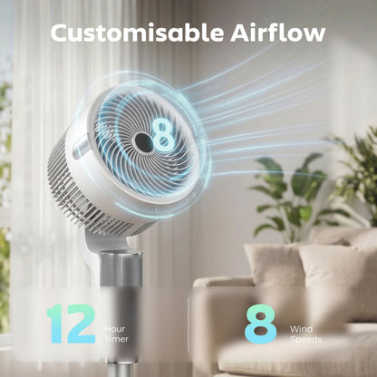 HOMCOM 20 dB Silent Standing Fan for Bedroom, 44" Pedestal Fan with 90Â° Oscillating, 8 Speeds and LED Light, White