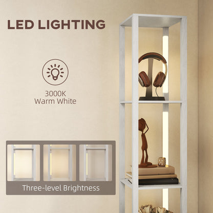 HOMCOM Floor Lamp with Shelves, LED Column Modern Standing Lamp with Fabric Drawer, Adjustable Brightness, Foot Switch for Living Room, Bedroom, Office, White