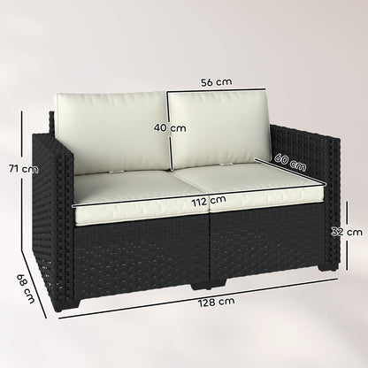 Outsunny 2 Seater Rattan Sofa, Outdoor Garden Sofa with Deep Seat, Cushions, Wide Armrests for Patio, Balcony, Porch, Black