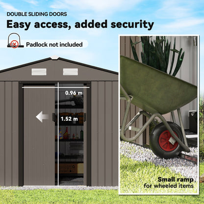 Outsunny 9 x 6ft Metal Garden Shed, Outdoor Storage Tool House with Ventilation Slots, Foundation Kit and Lockable Double Doors, Brown