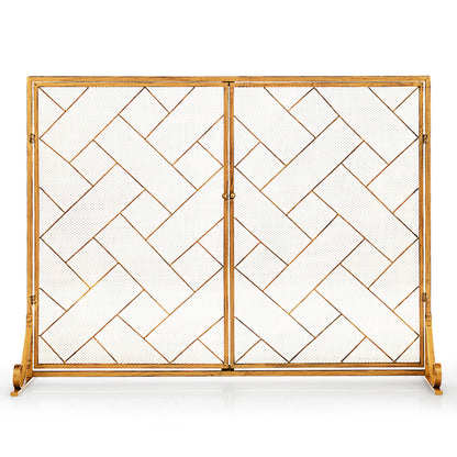 2-Panel Mesh Fireplace Screen with Double Magnetic Doors-Golden