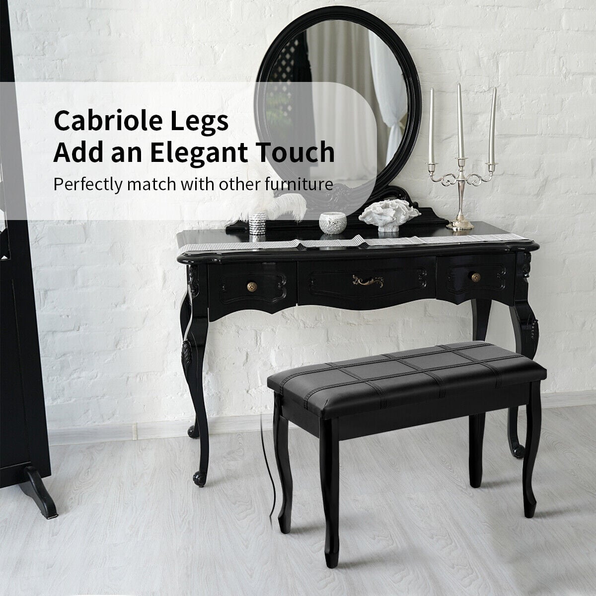 Leather Piano Bench with Storage Compartment and Wooden Legs-Black