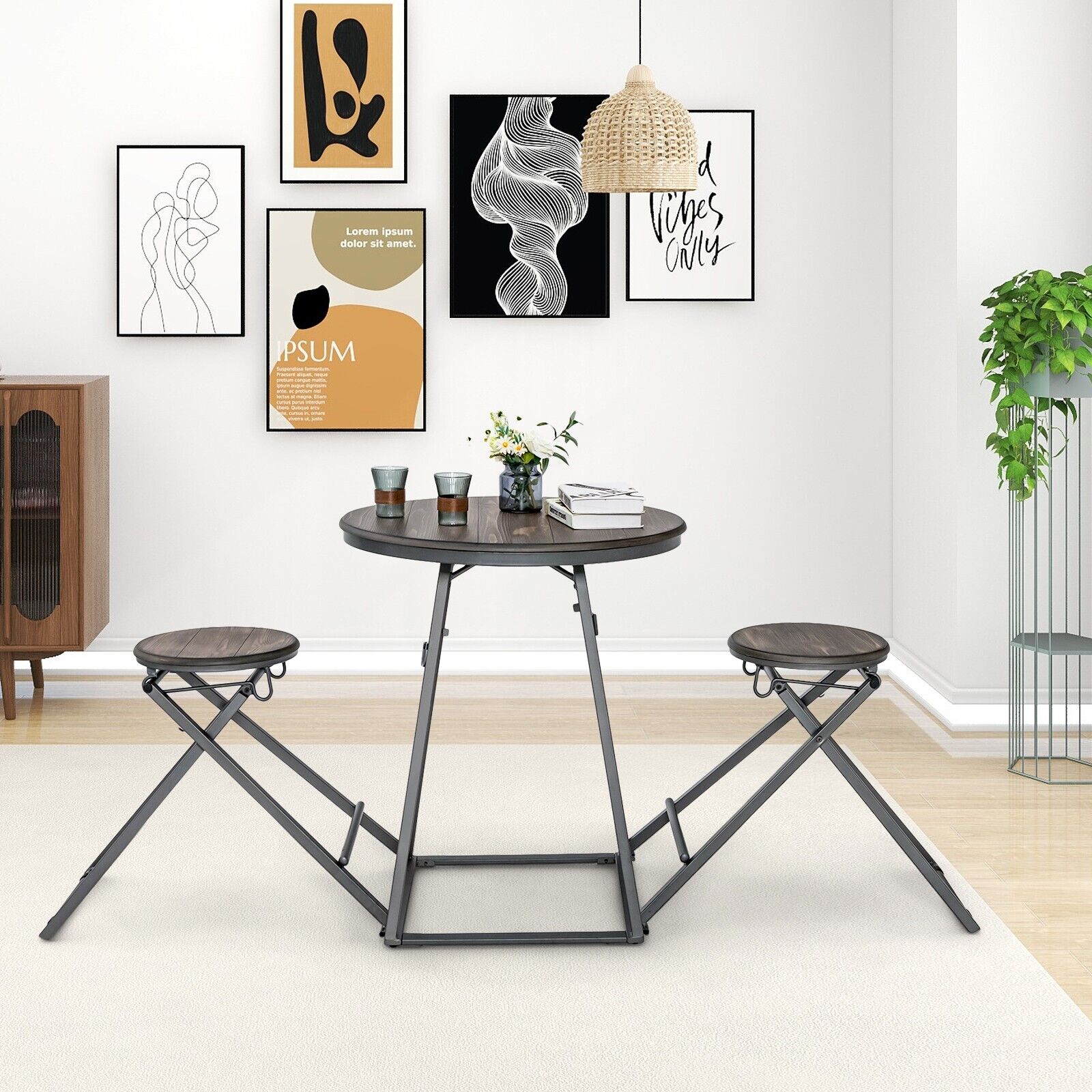 3-Piece Round Table and Stool Set with 2 Foldable Stools-Grey