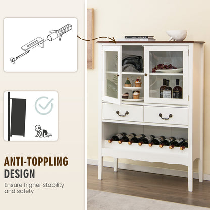 Wooden Kitchen Sideboard with Wine Rack 2 Glass Doors and Drawers-White