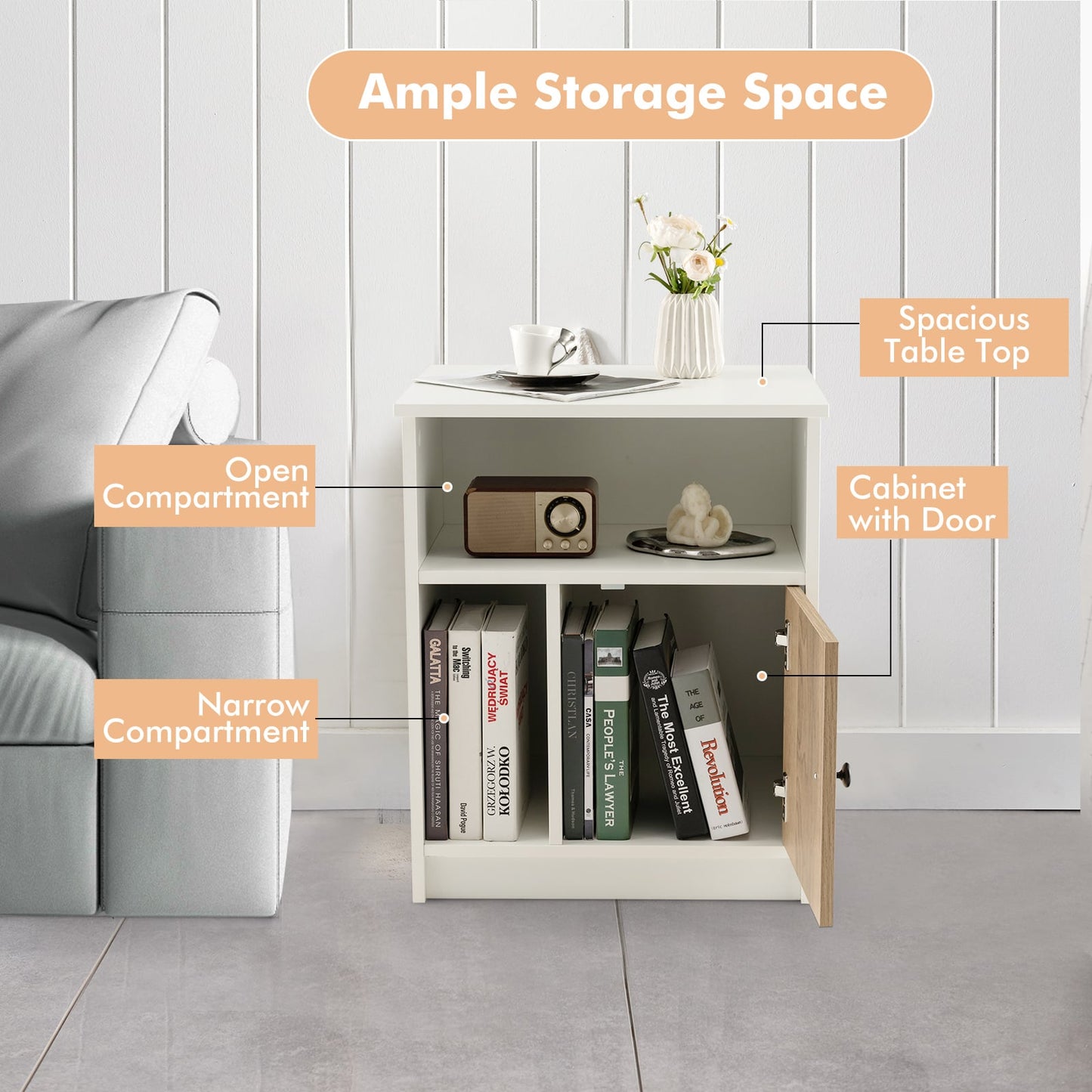 Set of 2 Modern Nightstands with Cable Management Hole-White