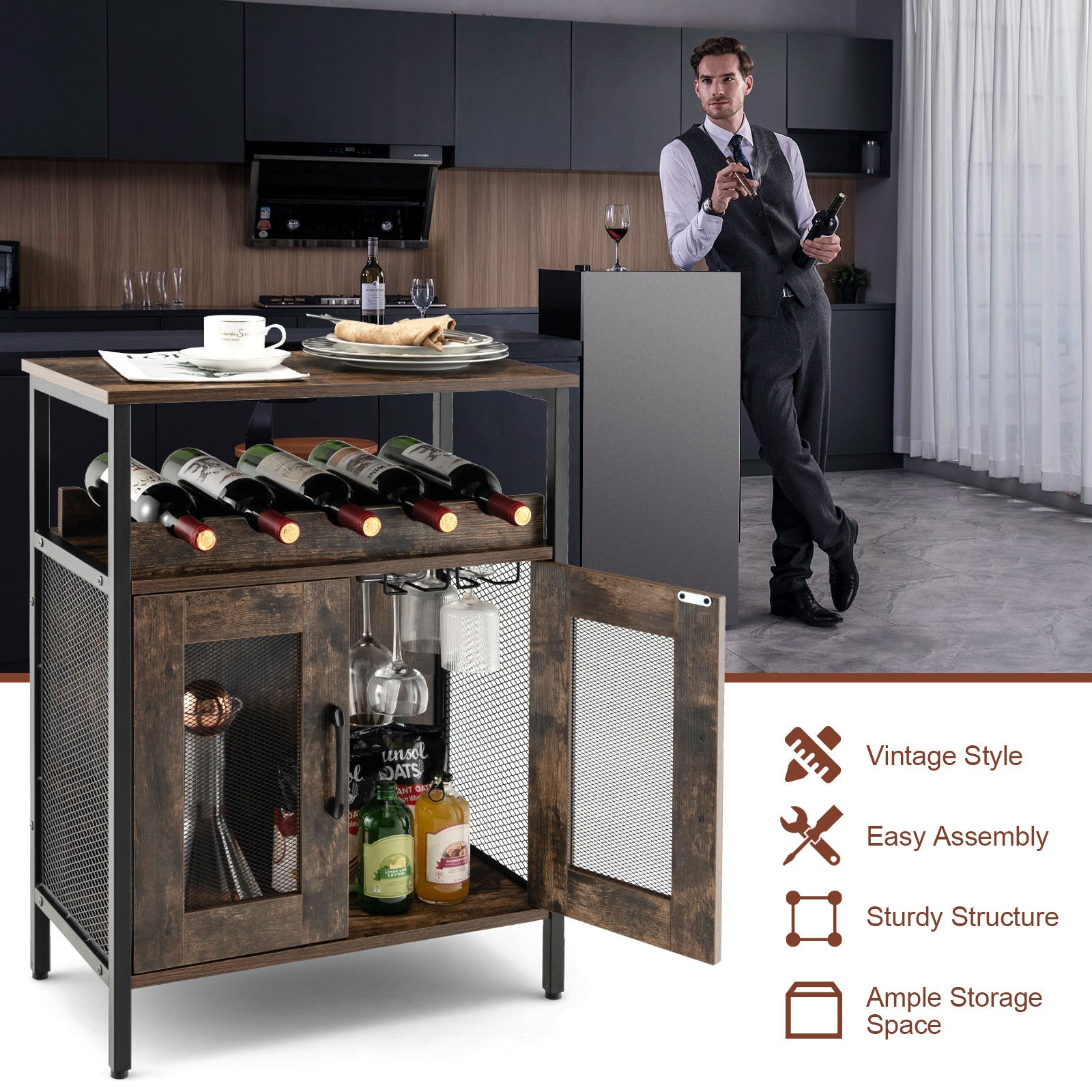 Industrial Kitchen Storage Cabinet for Dining Living Room -Rustic Brown