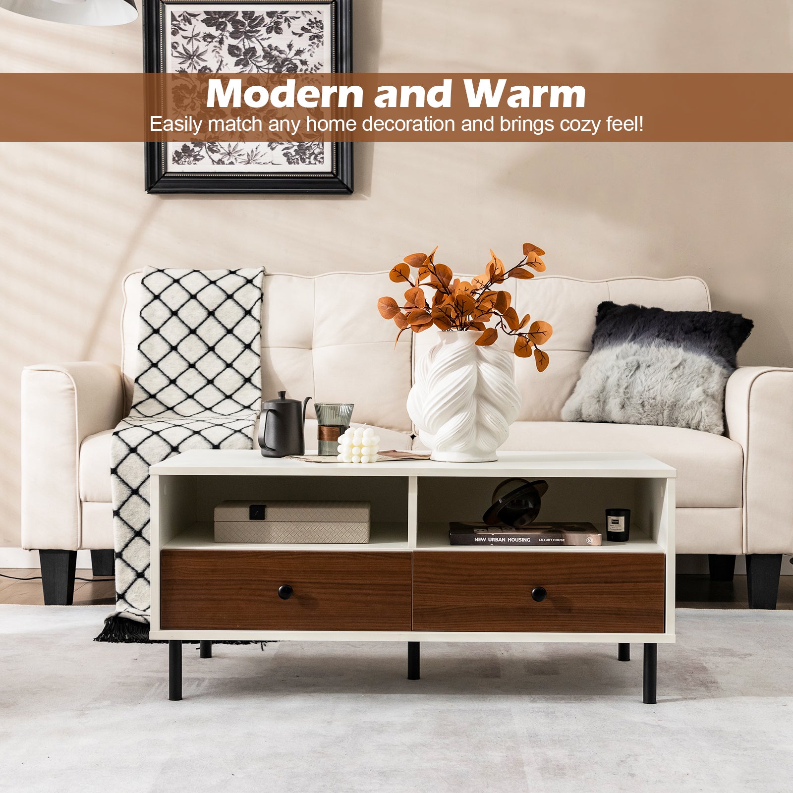 Rectangle Sofa Tea Table with Sturdy Metal Legs for Home Office-White