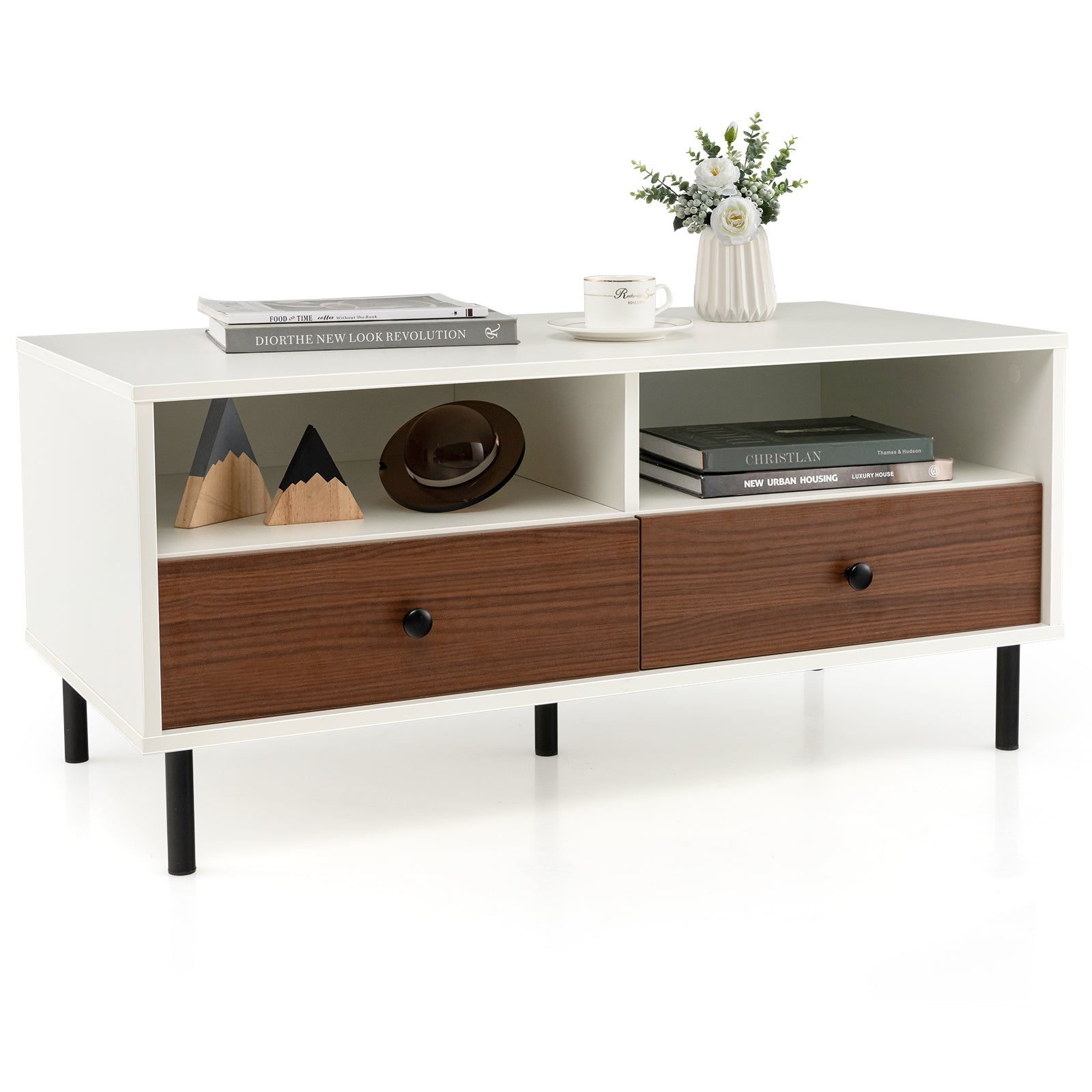 Rectangle Sofa Tea Table with Sturdy Metal Legs for Home Office-White