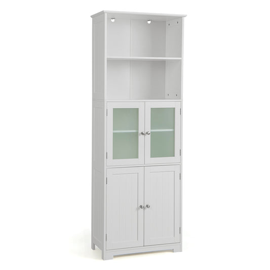 Freestanding Storage Cabinet with Tempered Glass Door and Open Shelves-White