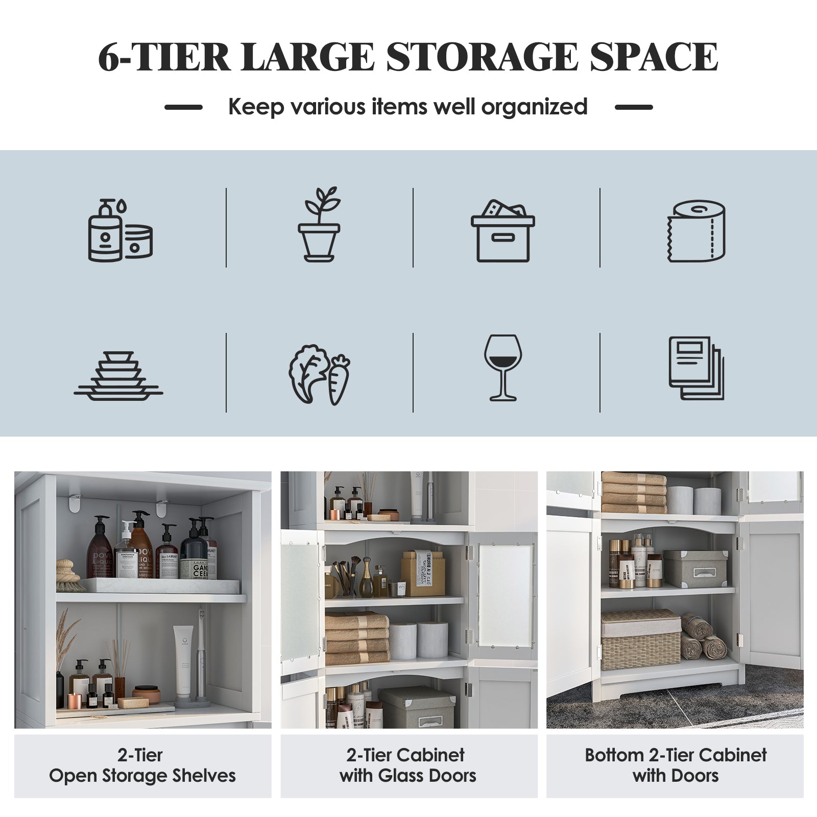 Freestanding Storage Cabinet with Tempered Glass Door and Open Shelves-White