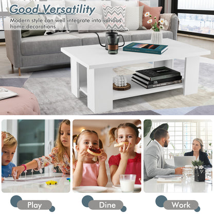 2-Tier Wooden Coffee Table with Storage Shelf and 5 Support Legs-White