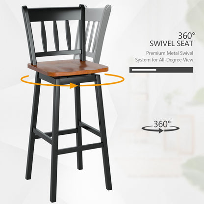 Set of 2 Rubber Wood Swivel Bar Stools with Backrest and Footrest-Black