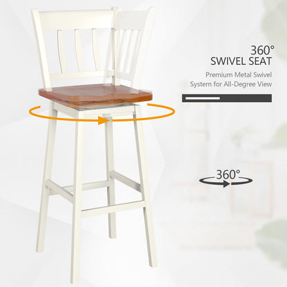 Set of 2 Rubber Wood Swivel Bar Stools with Backrest and Footrest-Cream