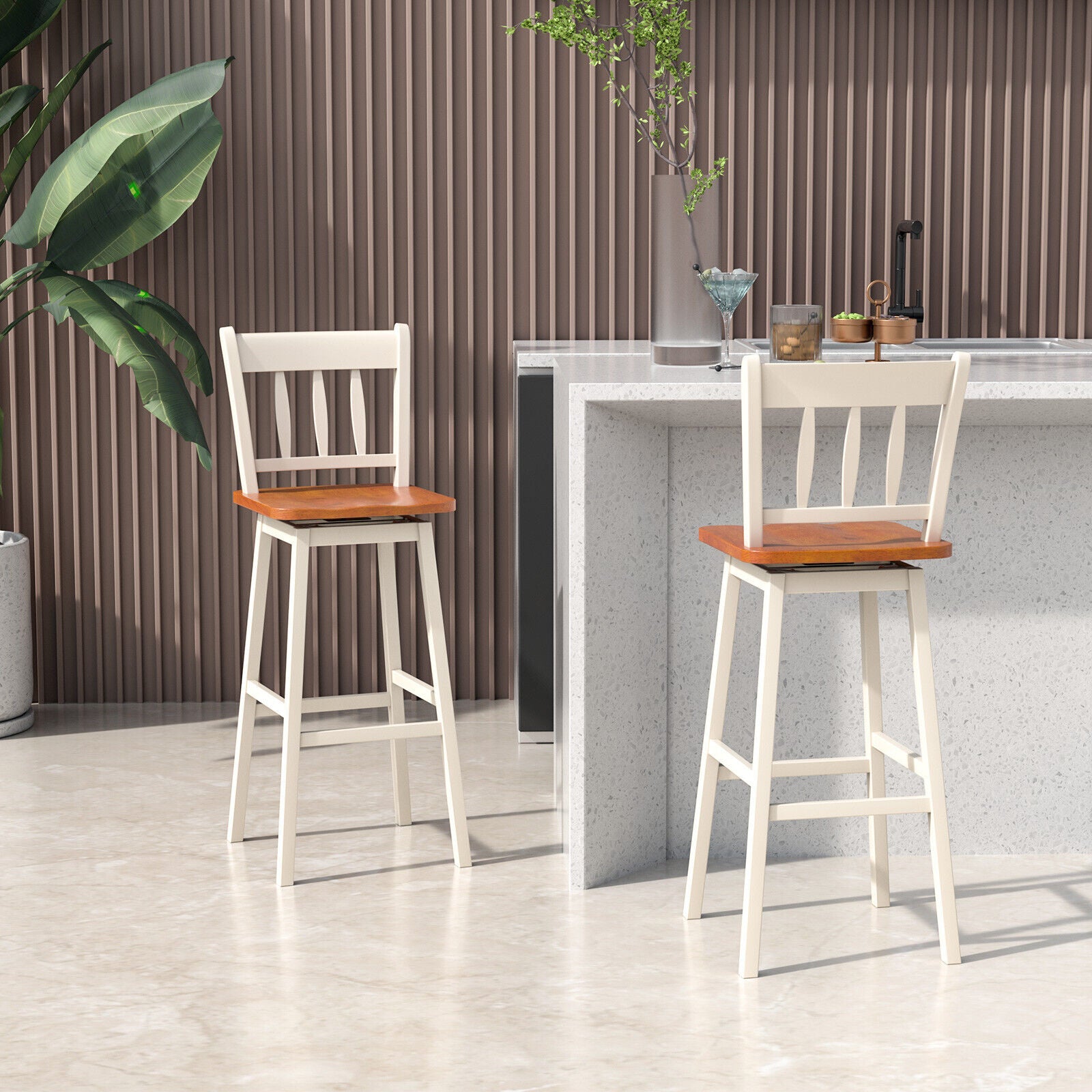 Set of 2 Rubber Wood Swivel Bar Stools with Backrest and Footrest-Cream