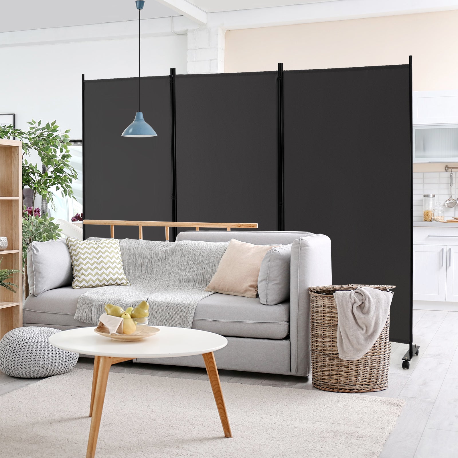 3-Panel Folding Room Divider with Wheels for Living Room Bedroom-Grey
