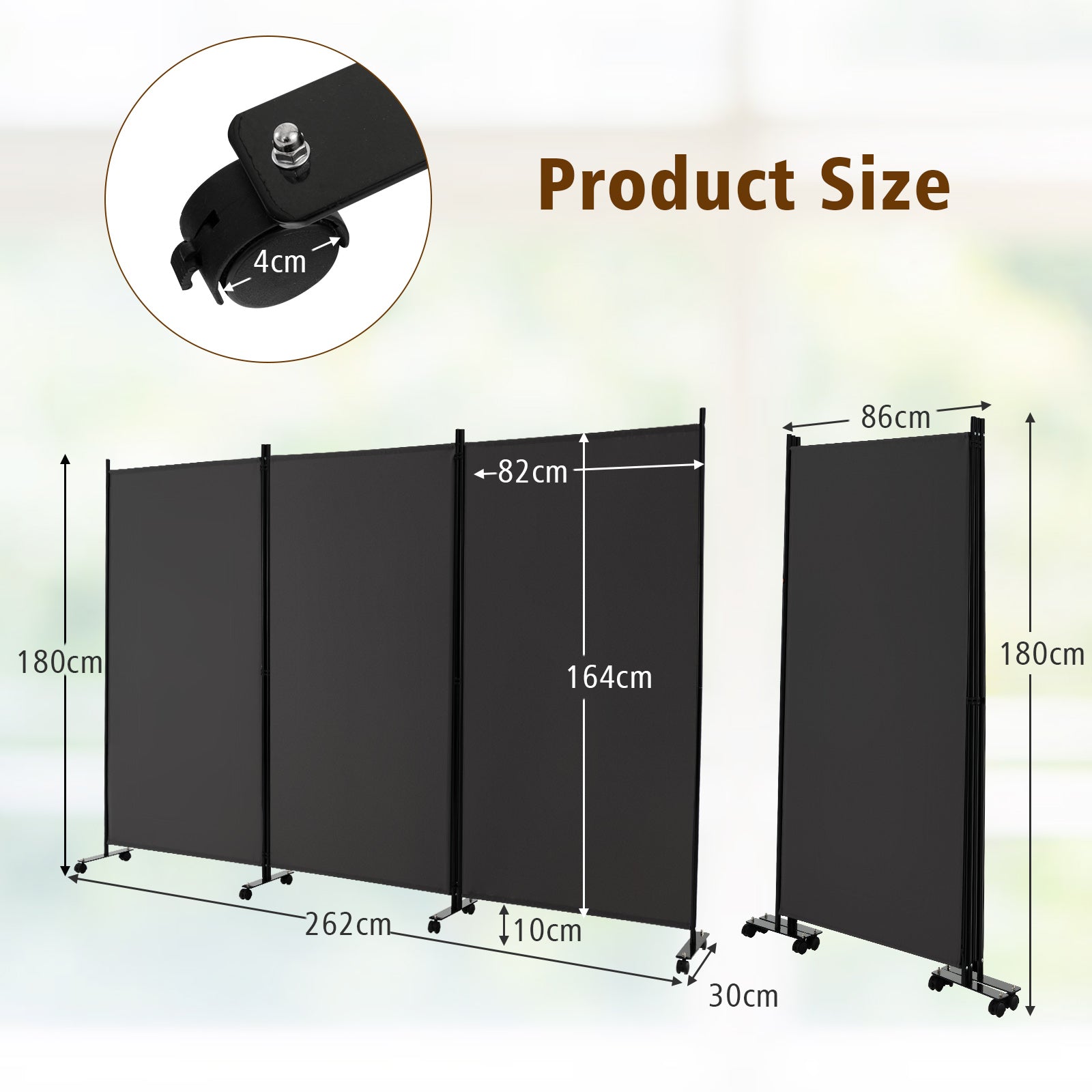 3-Panel Folding Room Divider with Wheels for Living Room Bedroom-Grey