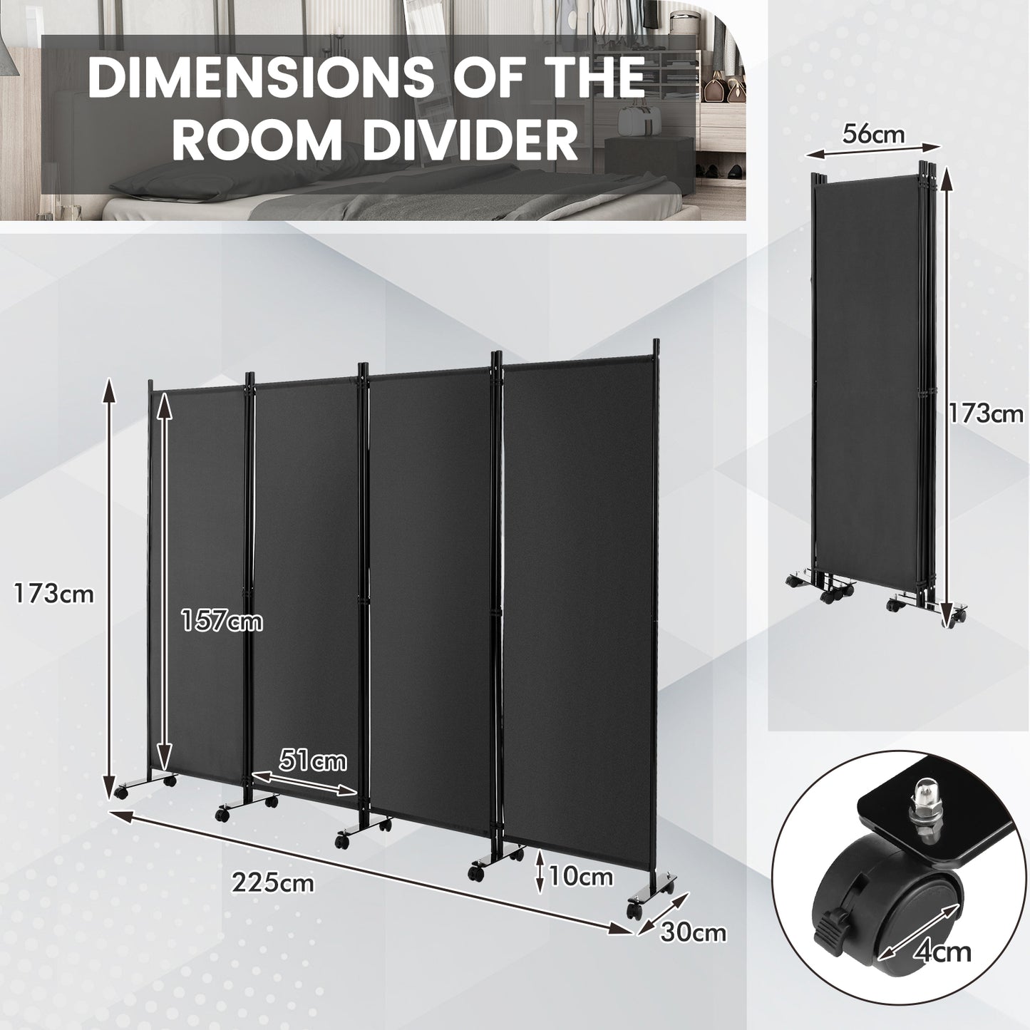 4-Panel Folding Room Divider with Wheels for Living Room Bedroom-Grey