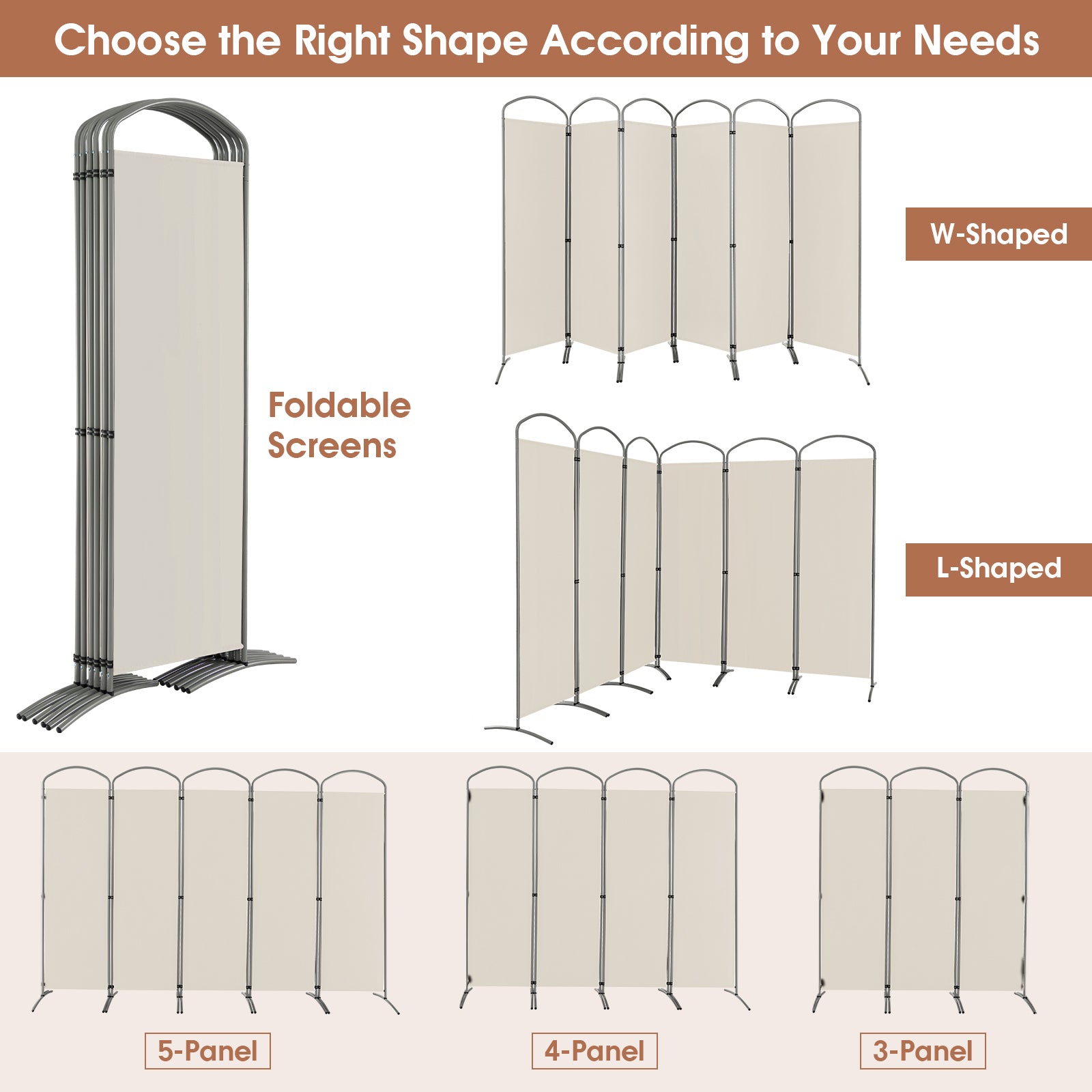 6 Panel Freestanding Folding Room Divider for Home Office-Cream