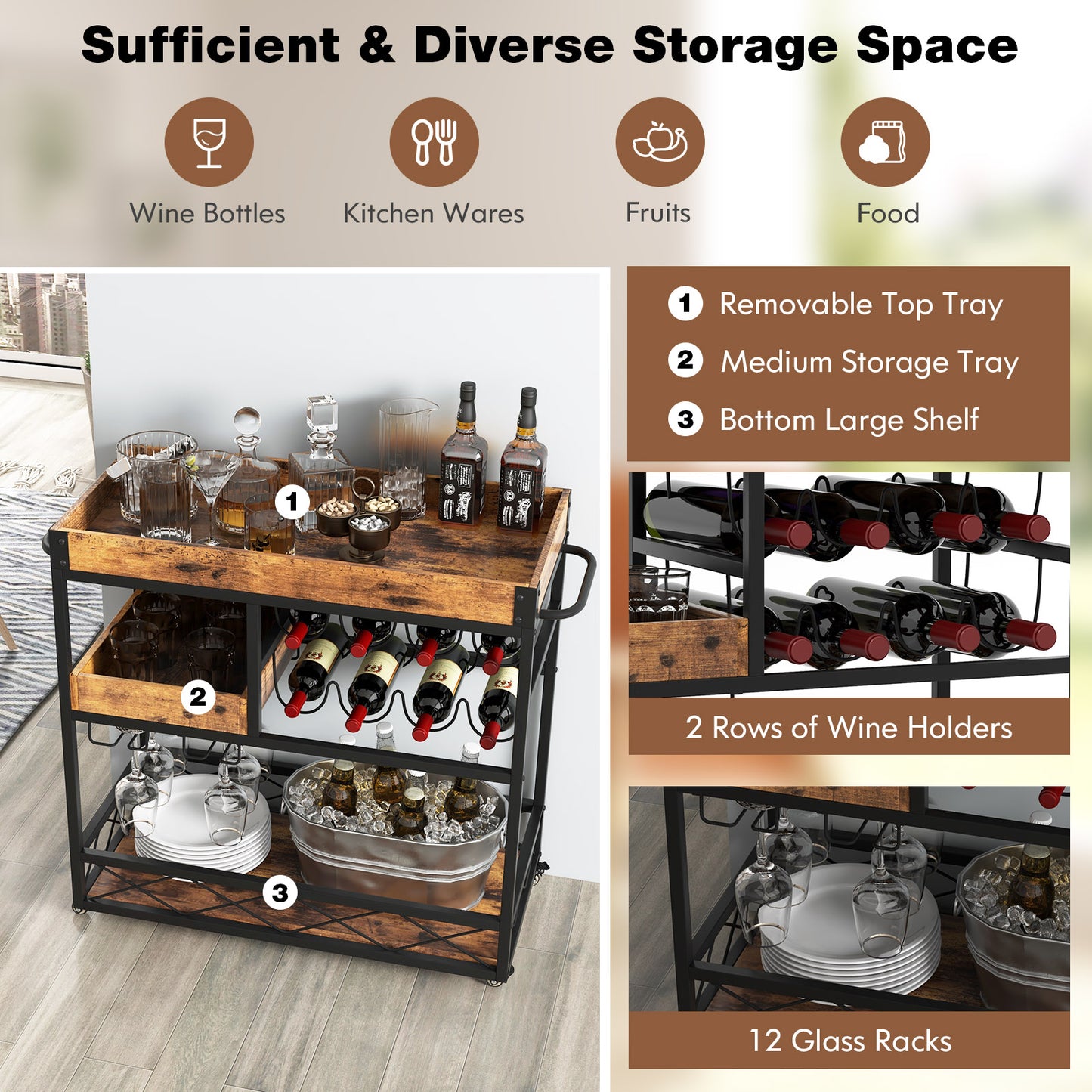 Home Bar Serving Car with Removable Tray-Rustic Brown