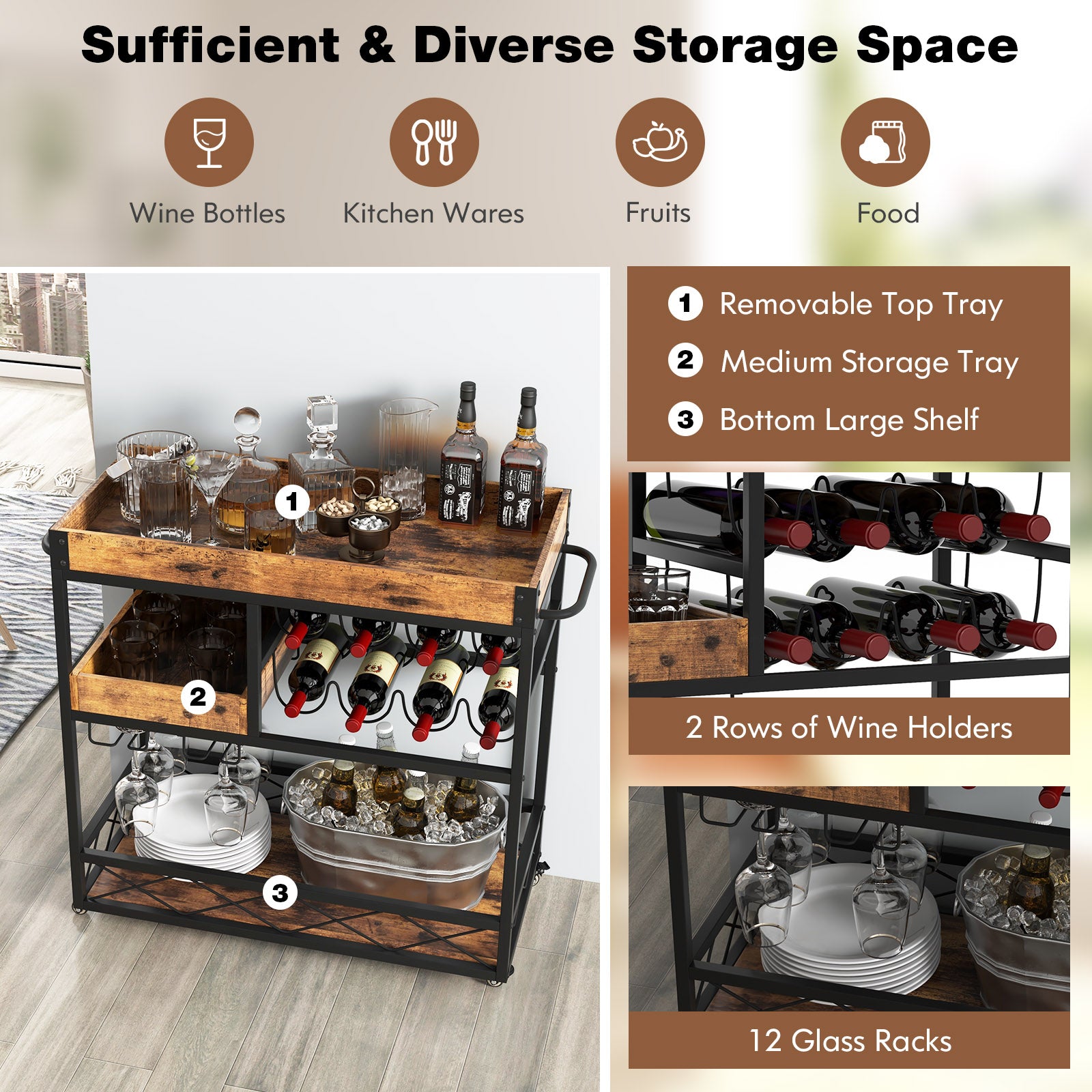 Home Bar Serving Car with Removable Tray-Rustic Brown
