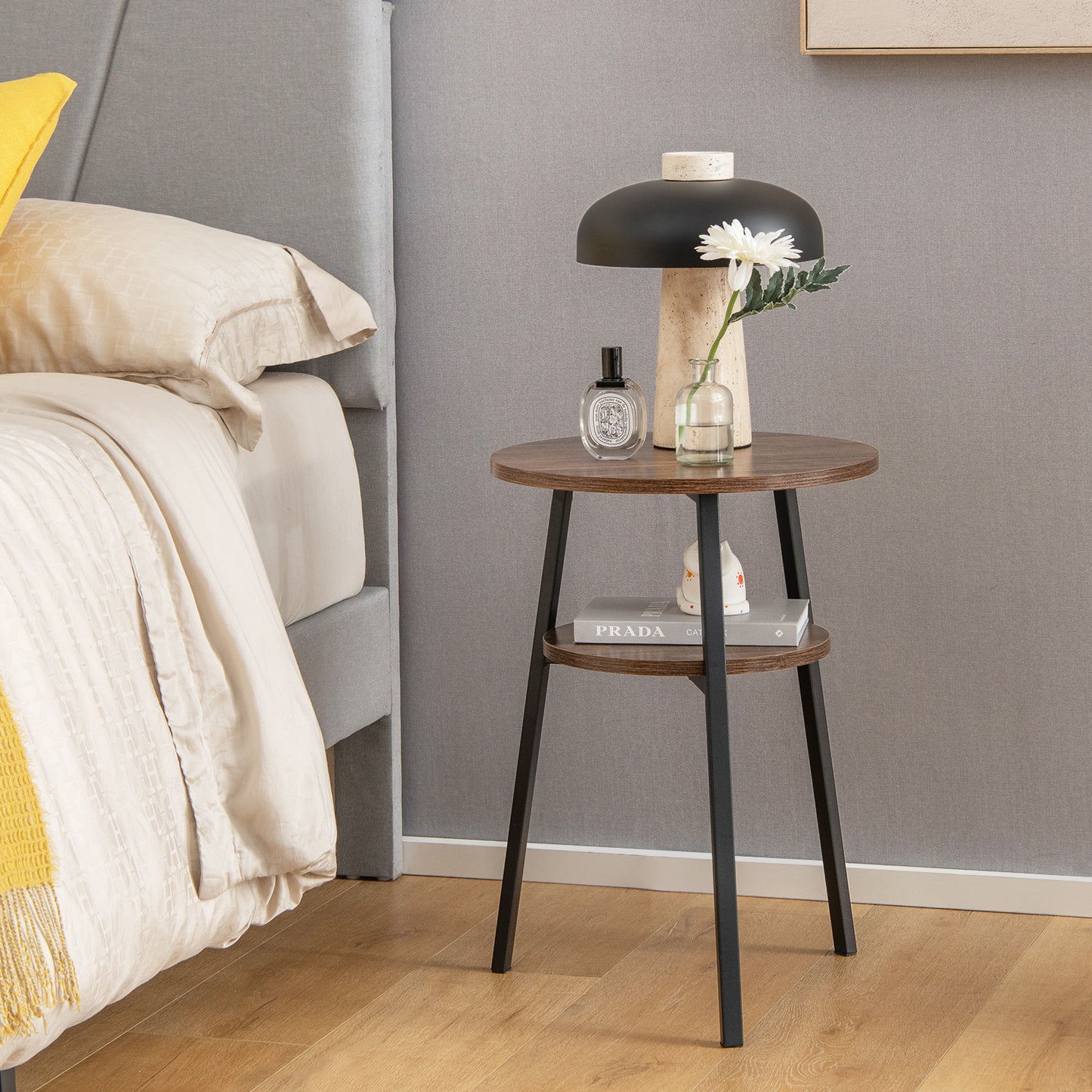 2-Tier Wooden Round Side Table with Storage Shelf-Brown