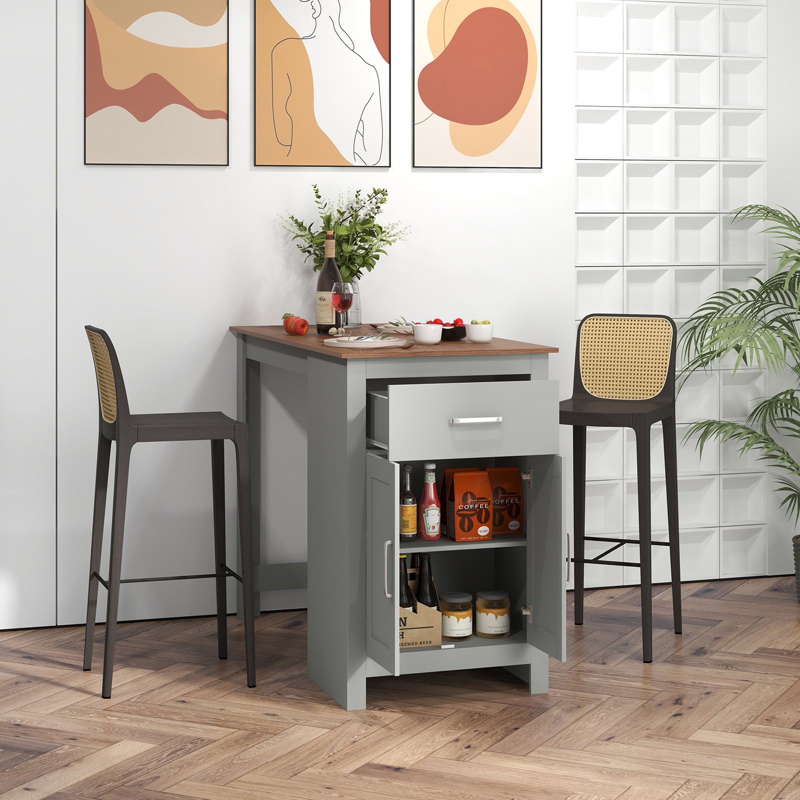 Counter Height Table with Storage Rectangular Pub Dining Table-Grey