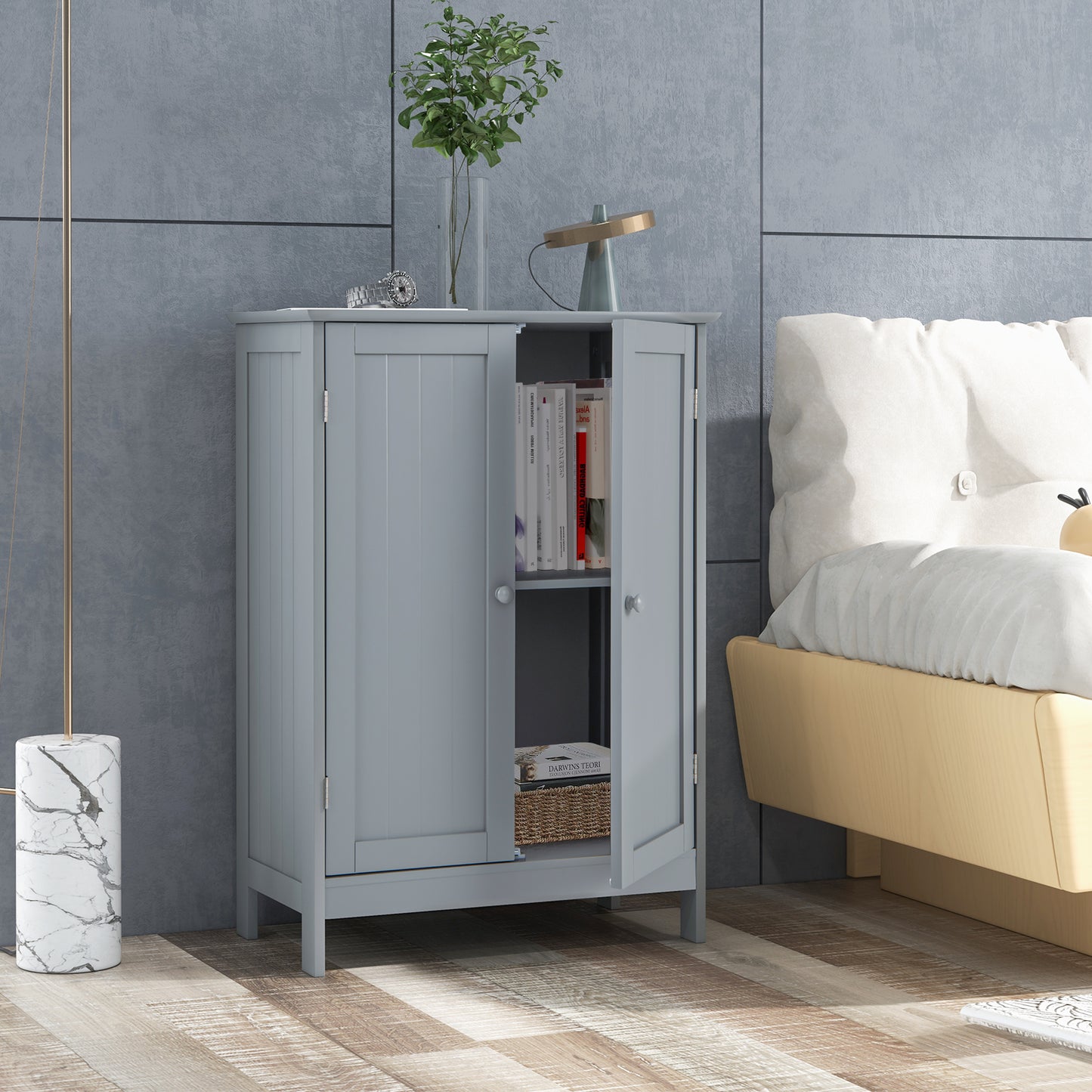 Double Door Bathroom Floor Cabinet with Shelf-Grey