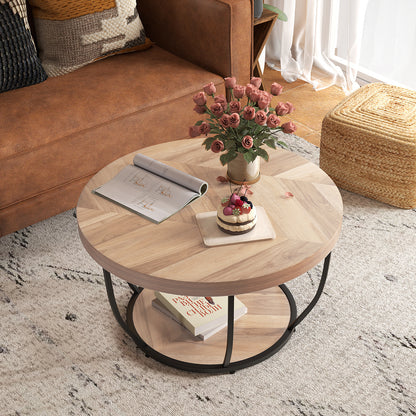 2-Tier Round Coffee Table with Storage Metal Frame Tea Cocktail Table-Natural Colour