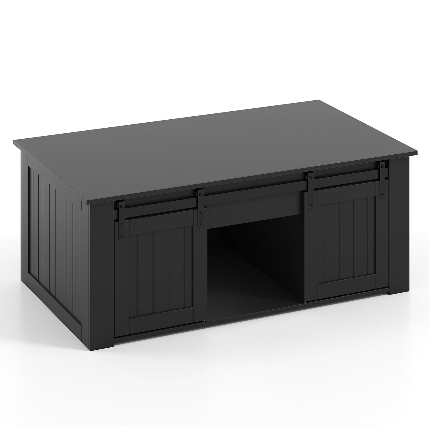 120 cm Lift Top Coffee Table with Barn Sliding Doors and Cabinets for Living Room-Blck