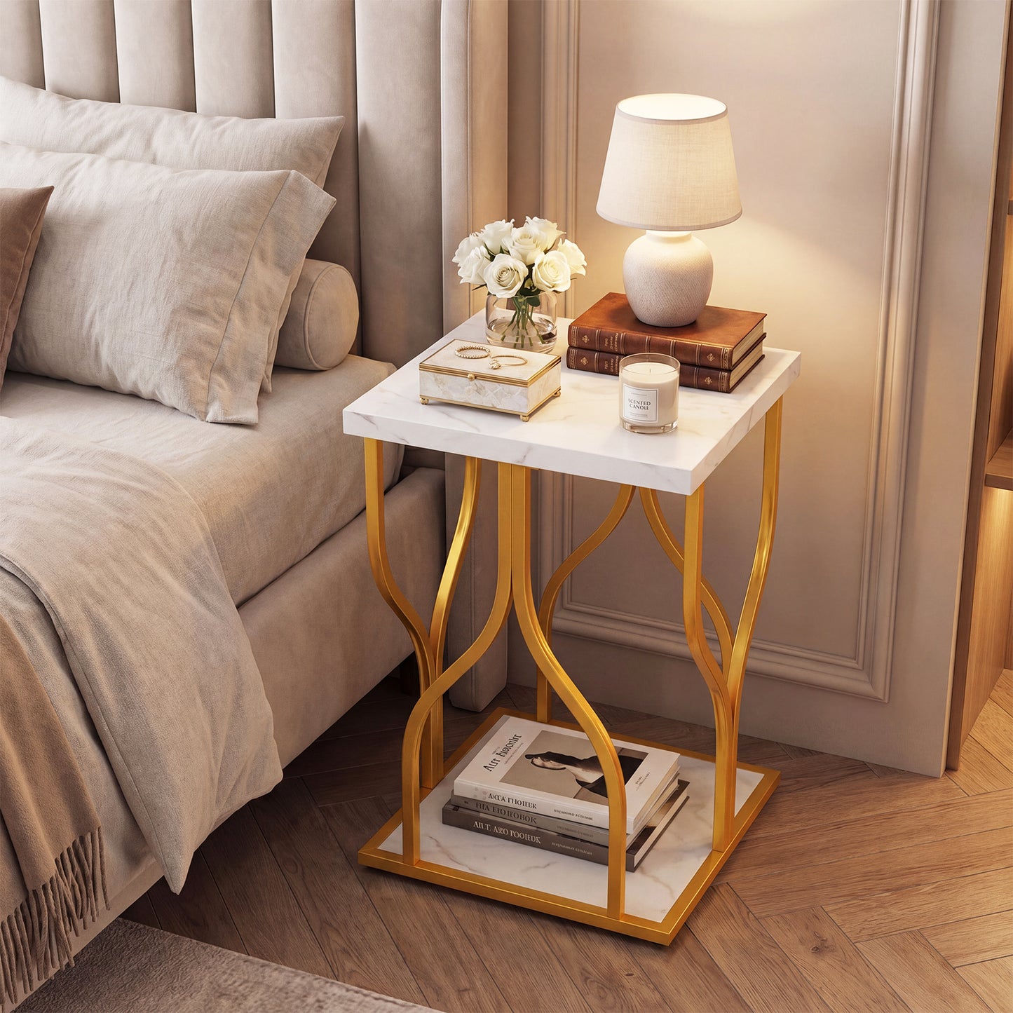 Set of 1 Faux Marble Nightstand with Storage Shelf for Bedroom Small Space-White
