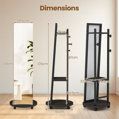 Coat Rack with Full Length Mirror Freestanding Coat Tree with 3 Hooks-Black