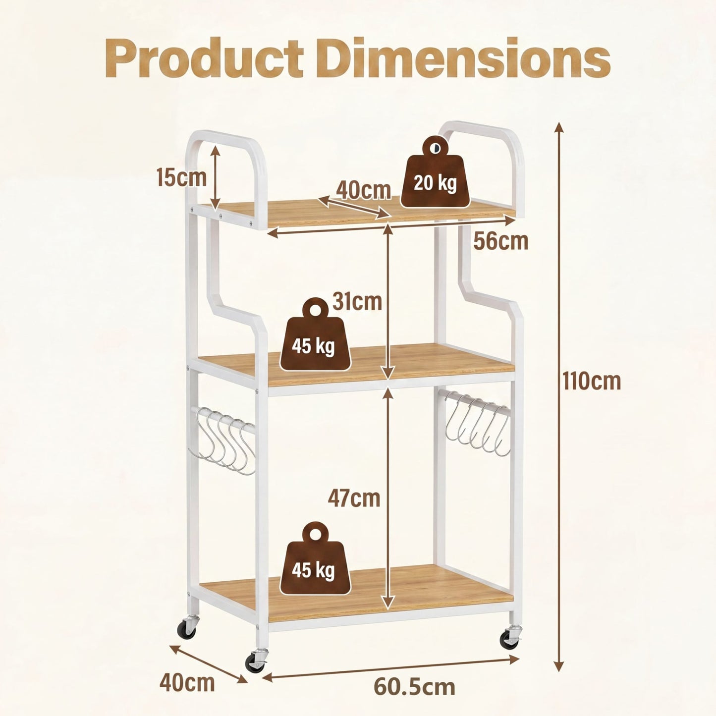 3-Tier Rolling Printer Stand with Storage Shelves and Hooks-Natural