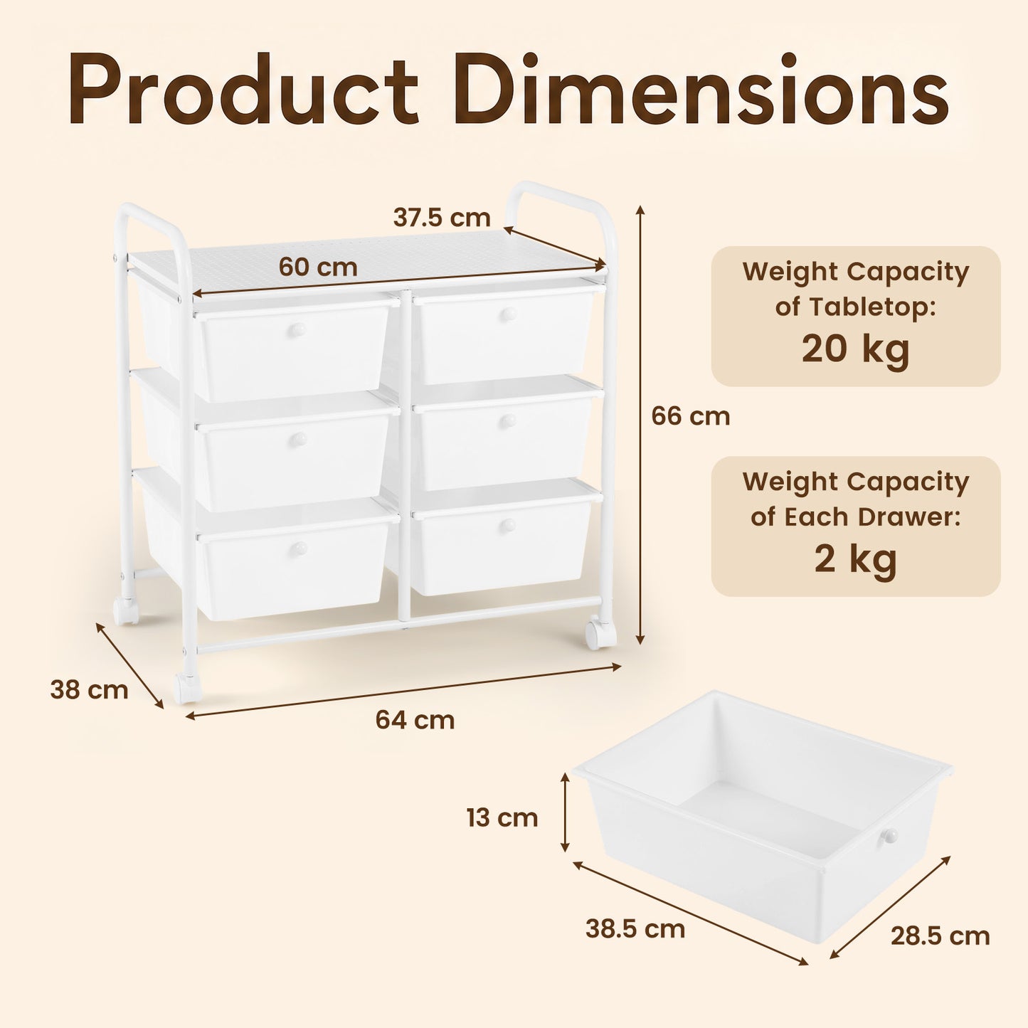 6-Drawer Rolling Storage Cart with 4 Universal Wheels and Metal Frame Spacious Tabletop-White