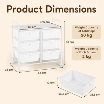 6-Drawer Rolling Storage Cart with 4 Universal Wheels and Metal Frame Spacious Tabletop-White