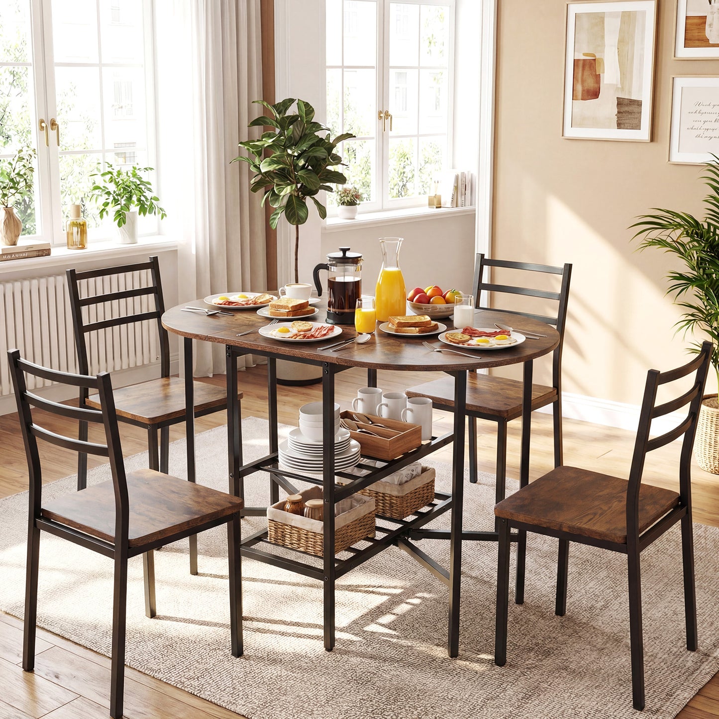 Oval dining table with 2 folding side panels and a metal frame for 4 people-Rustic Brown