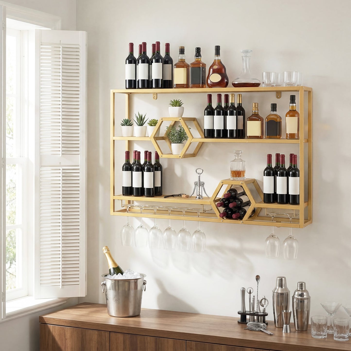 3-Tier Metal Wall Mounted Wine Rack with Glass Holder for Home Bar-Golden