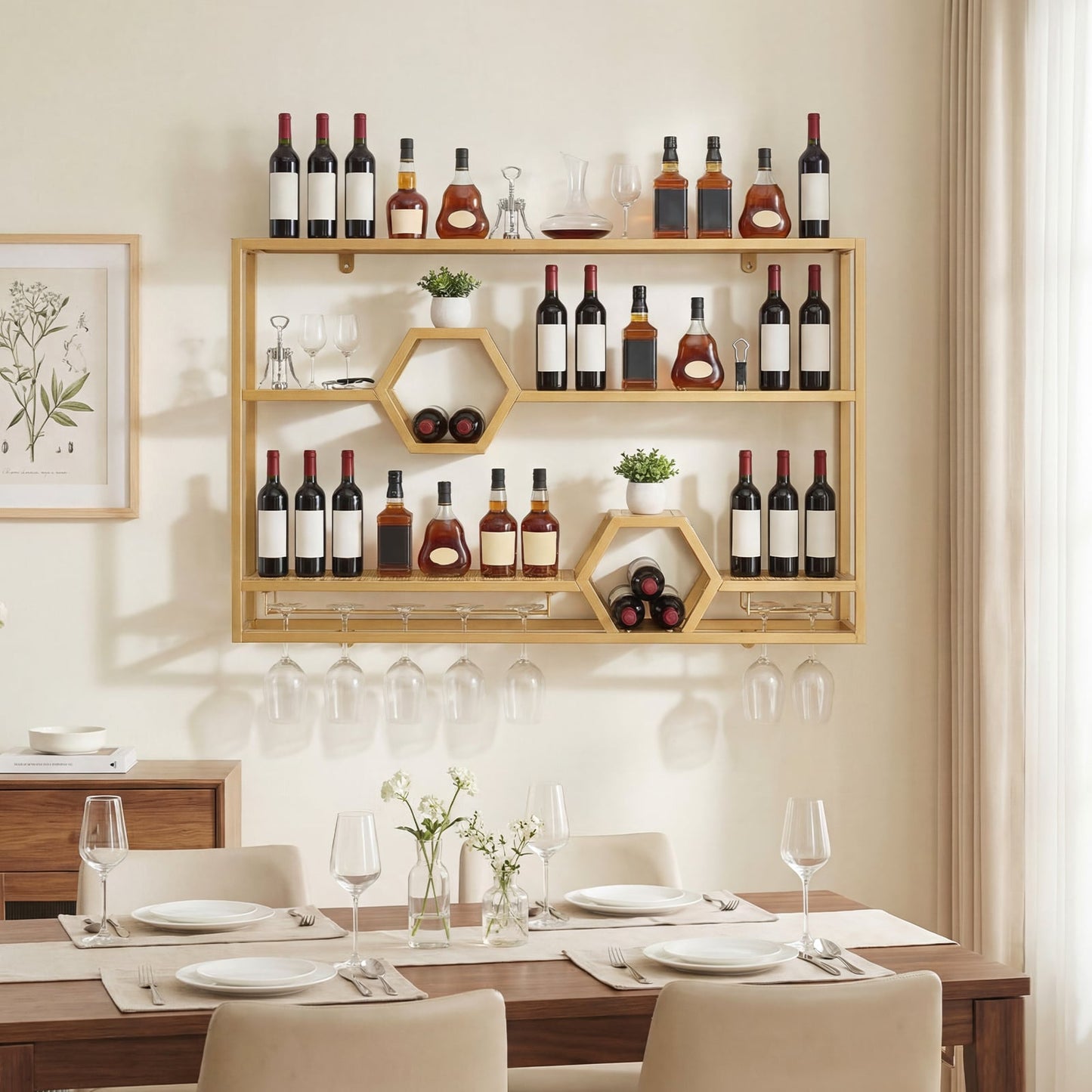 3-Tier Metal Wall Mounted Wine Rack with Glass Holder for Home Bar-Golden