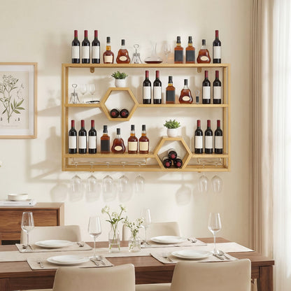 3-Tier Metal Wall Mounted Wine Rack with Glass Holder for Home Bar-Golden