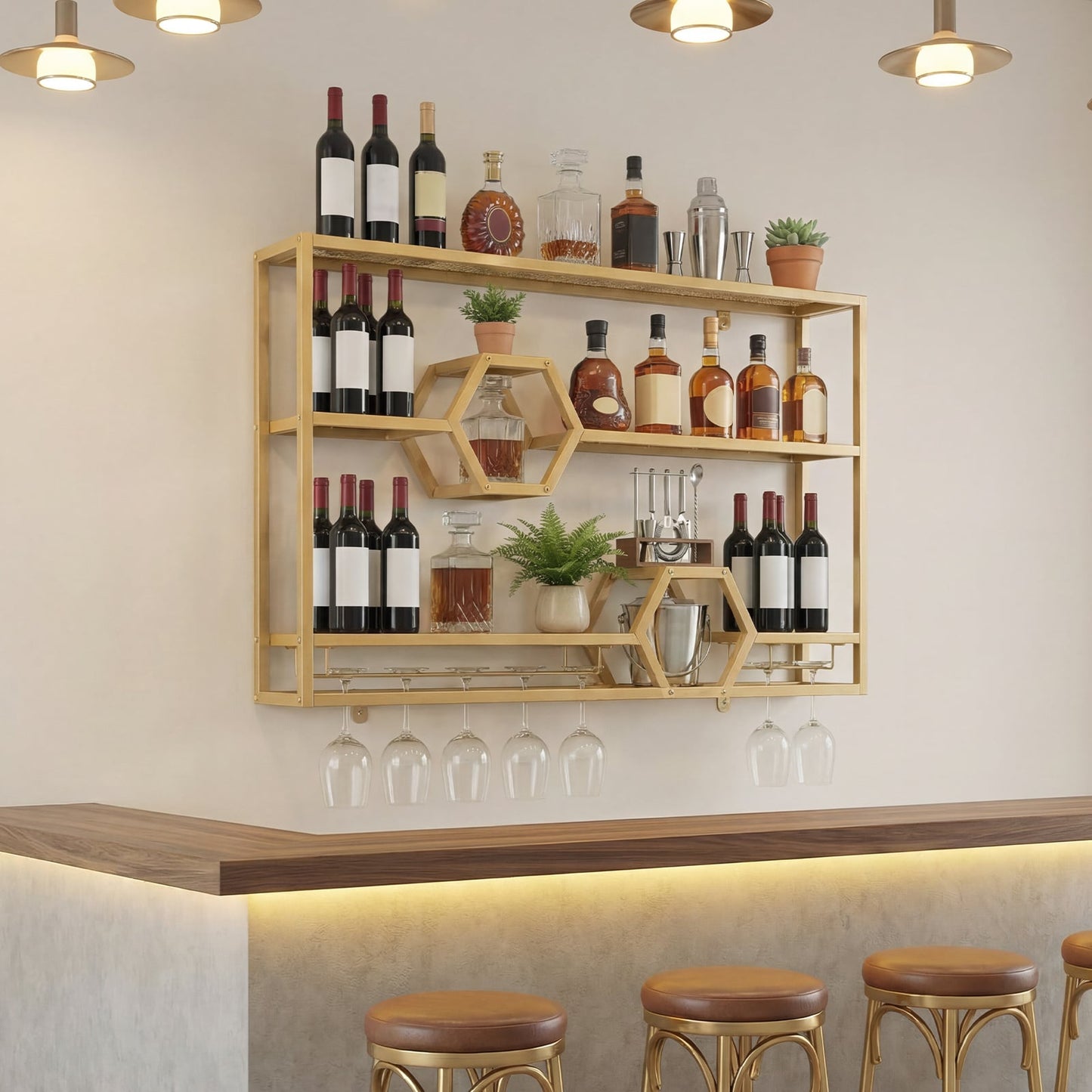 3-Tier Metal Wall Mounted Wine Rack with Glass Holder for Home Bar-Golden