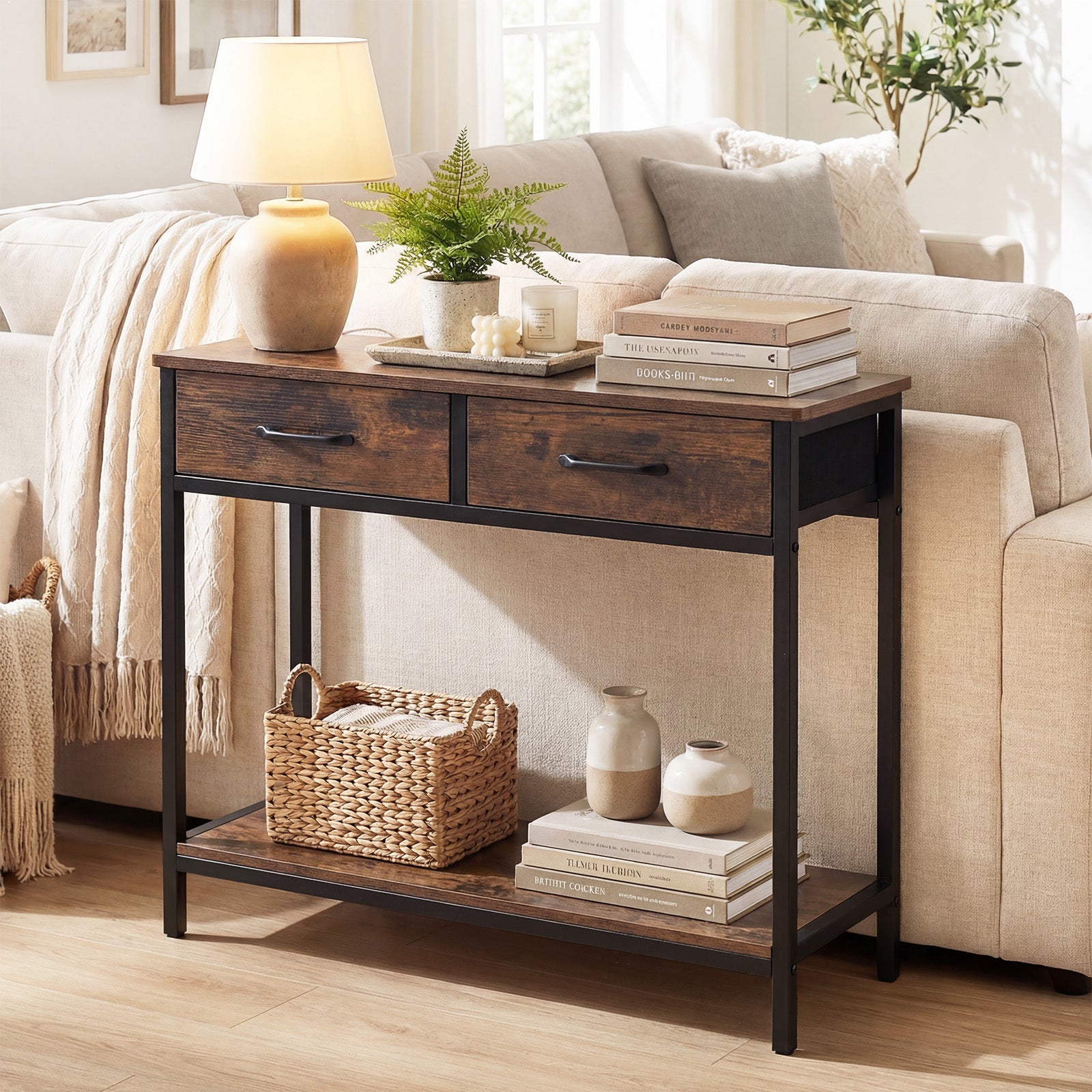 Narrow Console Table w/2 Fabric Drawers Open Compartment and Anti-Tipping Device-Rustic Brown