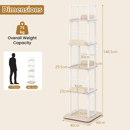 5-Tier Rotating Bookshelf Tower with 360° Spin & Side Rails for Small Spaces-Oak