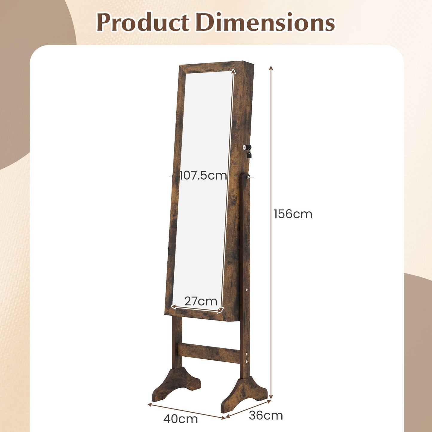 Freestanding Jewelry Armoire Cabinet with Full Length Mirror-Rustic Brown