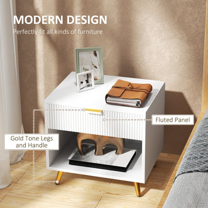 HOMCOM Elegant Bedside Table, with Drawer and Shelf - White/Gold Tone