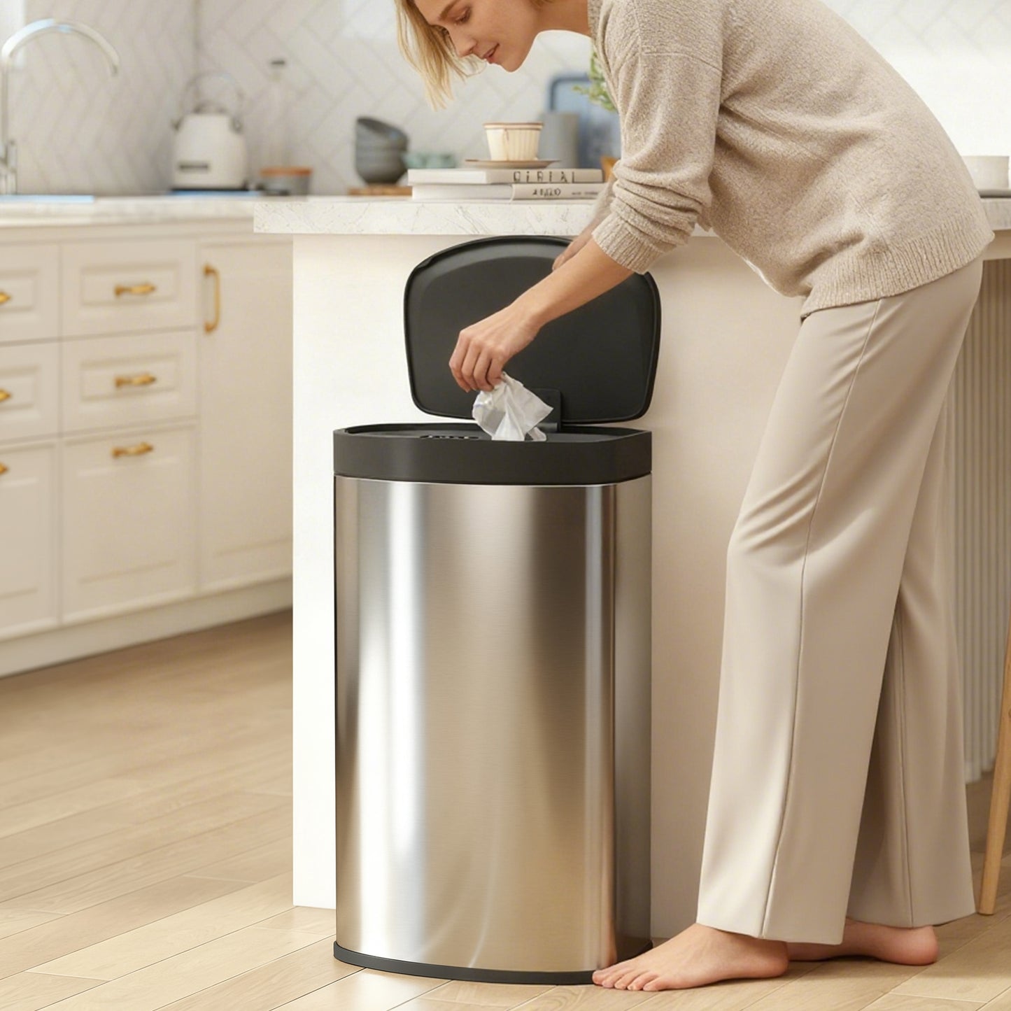 HOMCOM 55L Sensor Bin with Soft-Close Lid, Automatic Touchless Motion Sensor Kitchen Bin with Fingerprint Resistant Stainless Steel for Hygienic Gyms, Home Office Use, Silver Tone