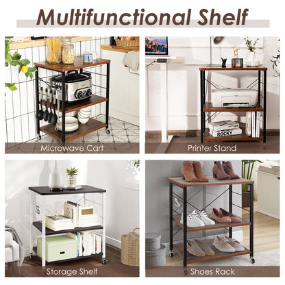 3 Tier Rolling Kitchen Baker's Rack with Adjustable Shelf and Hooks-Rustic Brown
